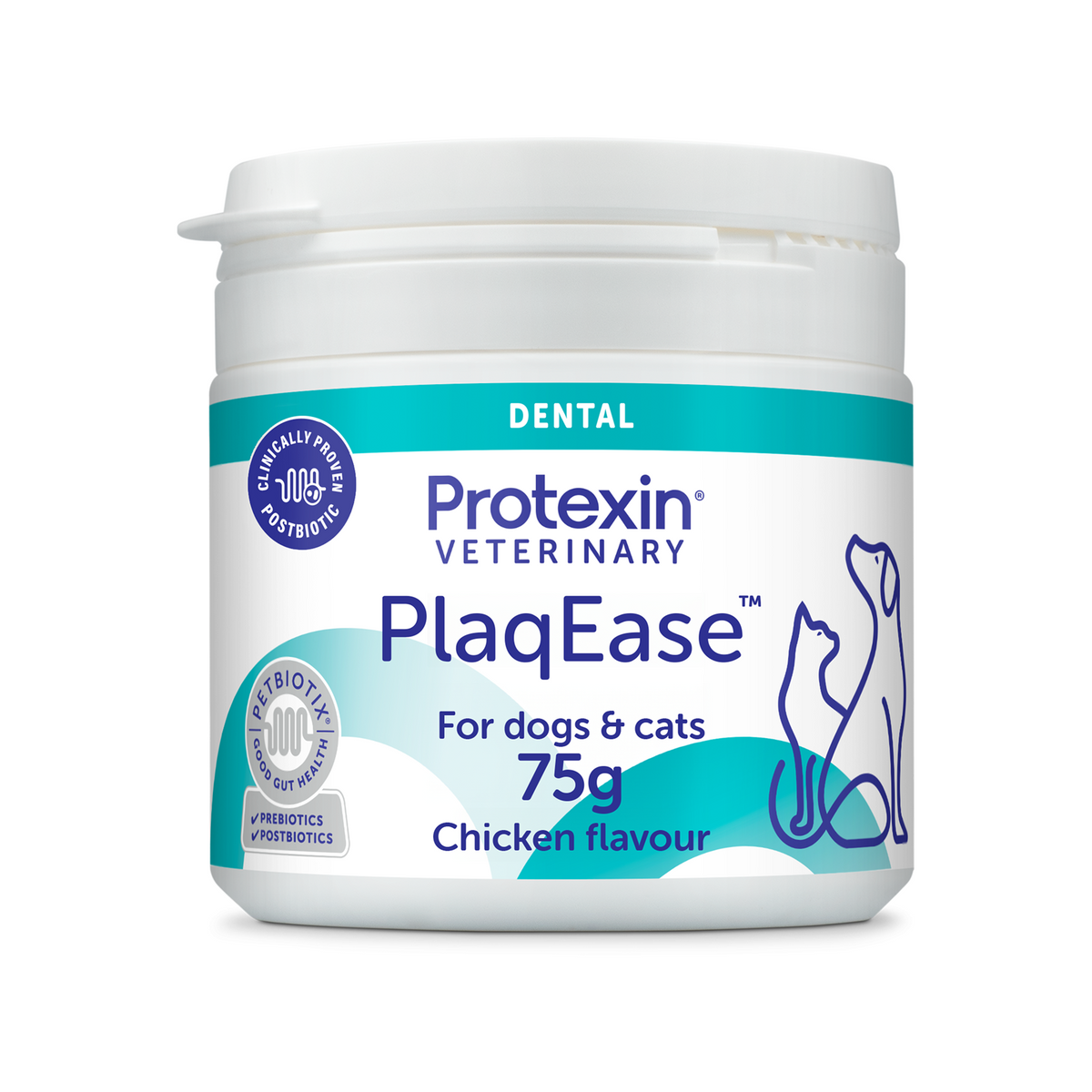 A white plastic tub of Protexin Veterinary PlaqEase dental cleaner for dogs and cats, 75g, with chicken flavor. The label features teal and blue text and graphics on a white background.